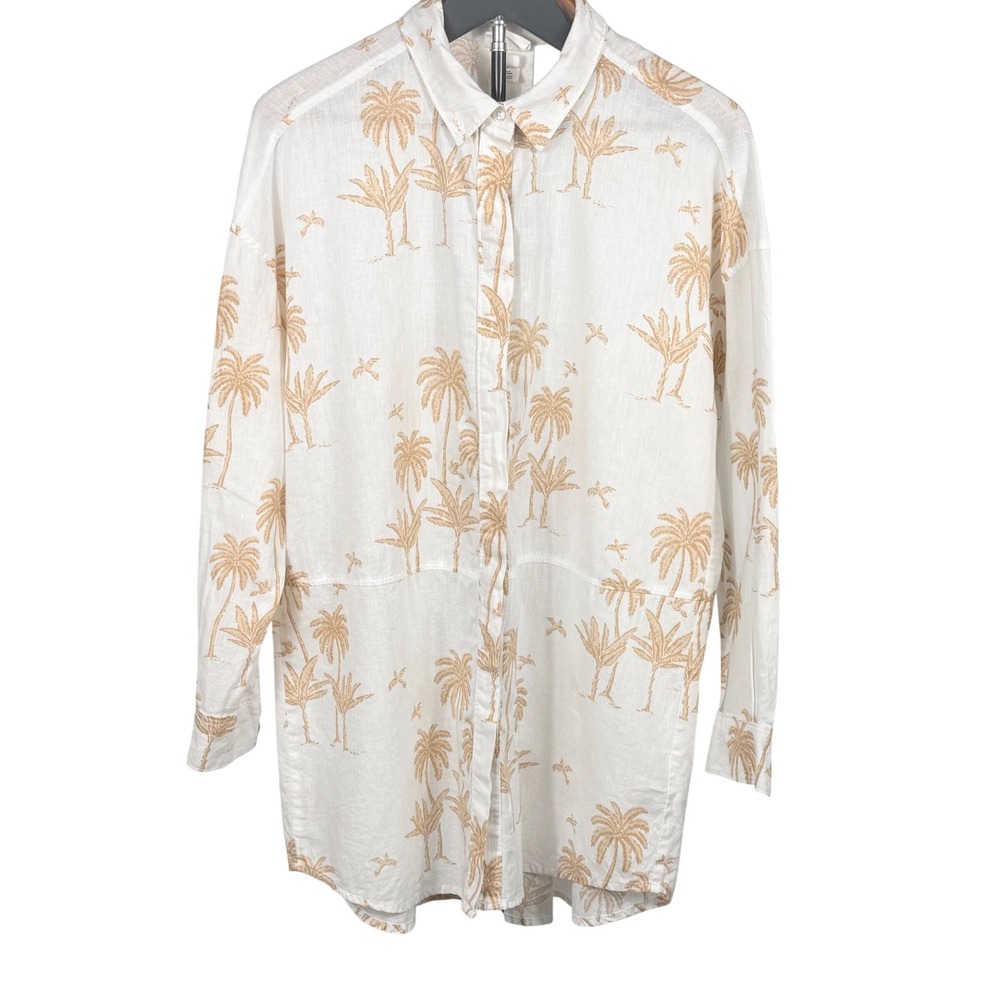 Desmond & Dempsey H&M Shirt Women's S White Palm Tree Linen Blend Tropical Boho
